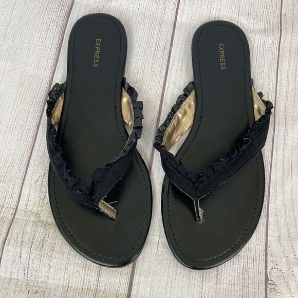 Express ruffle strap slip on flip flops black sz 8 women - Picture 1 of 9